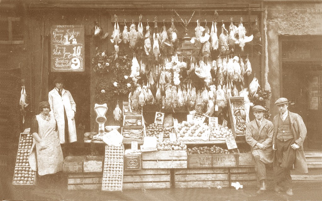 A fruiterers and poultry shop, in Manchester, from the 1900's.