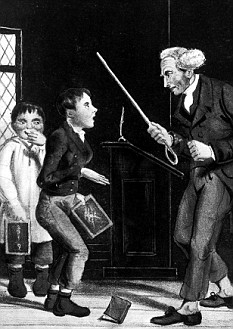 'The Brutal Schoolmaster': An Illustration re. corporal punishment of schoolmaster about to adminster a beating to two pupils. 21st April, 1860.